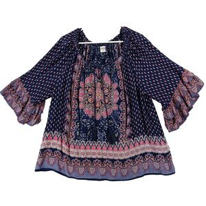 Boho Blouse Women's XL Blue Tassel Peasant Bohemian Flutter Feminine Flowy Bila